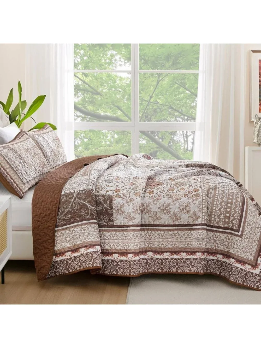 Bohemian Floral Quilt Set Queen Size, 3-Piece Patchwork Bedspread for All